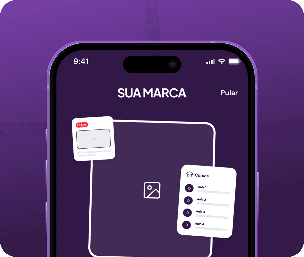 Aplicativo com a sua marca aberto no celular, com cards de aula ao vivo e cursos