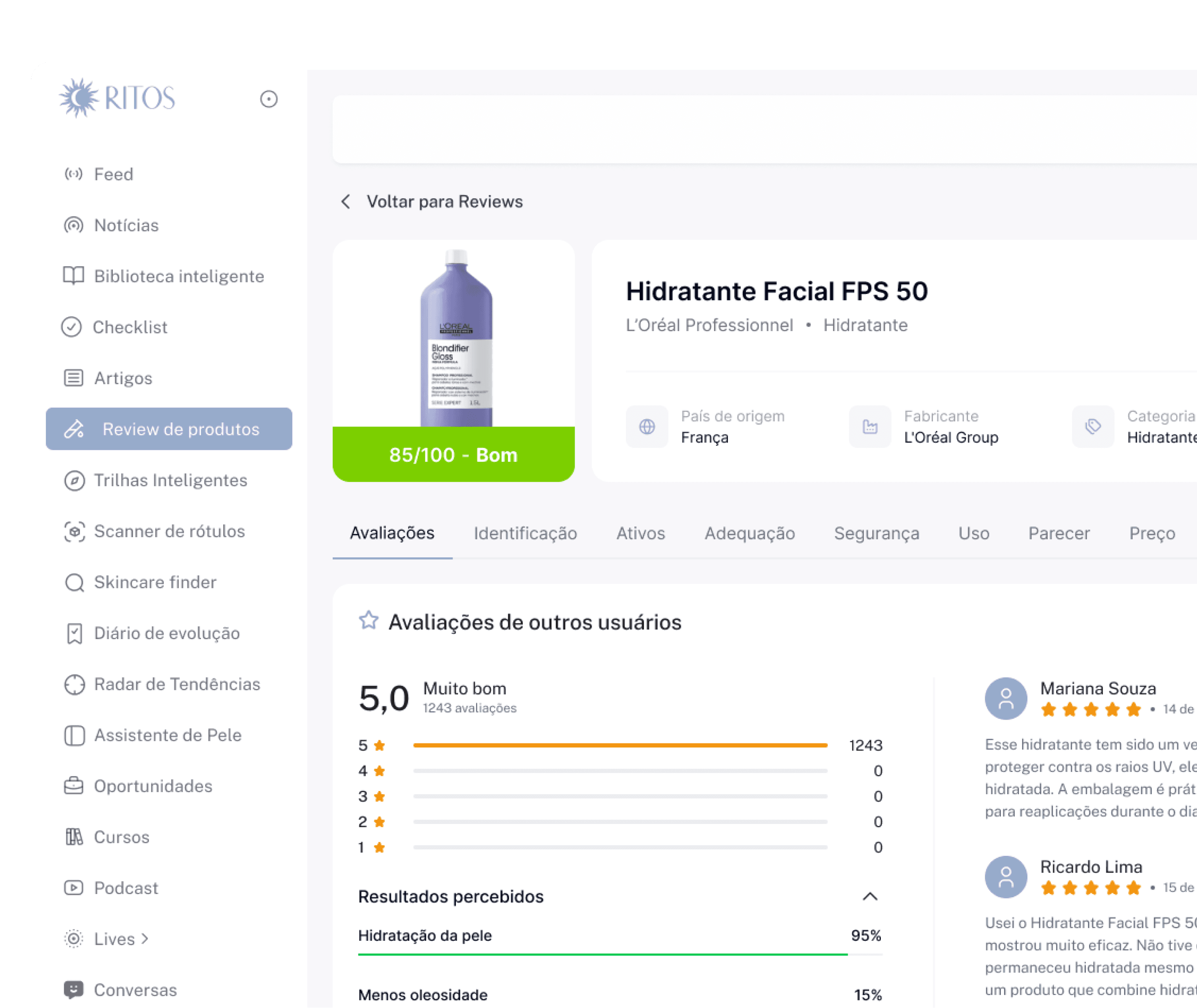 Plataforma Ritos com avaliação de produto de cuidados com a pele